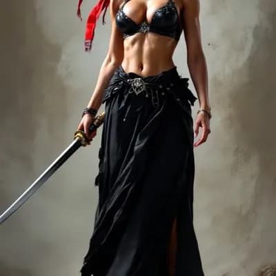 AI generated video: the woman takes the sword in both hands and raises it above her head in a guard position. barefoot, ...