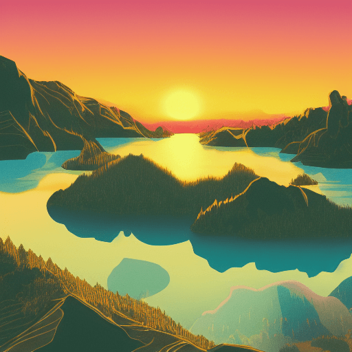 AI generated: EPIC Retro Sunset, Mountain Lake scene, green, gold, illustration, inspired by James Jean