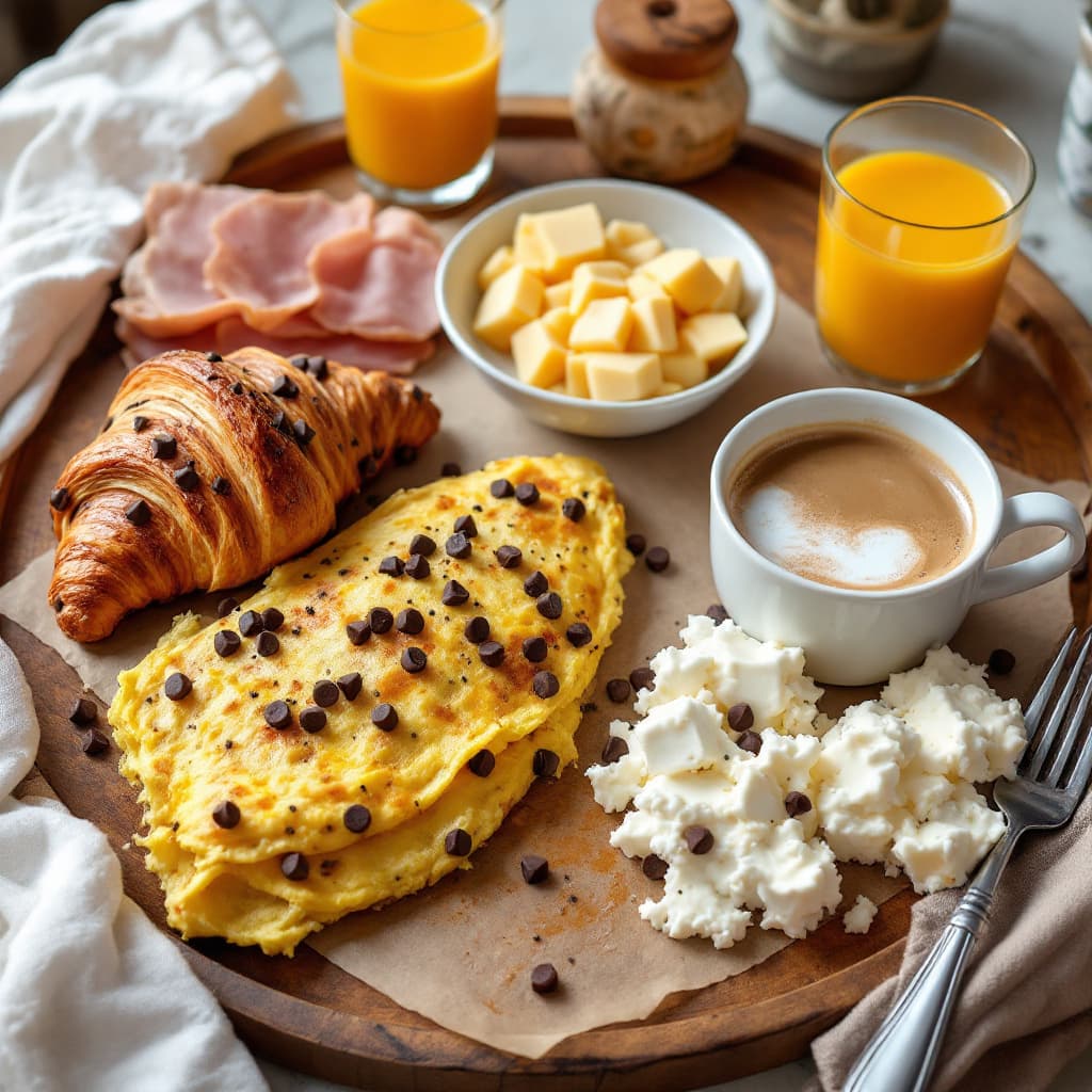 AI generated: healthy breakfast consisting of a chocolate chipped croissant, omelet, ham, cheese, yoghurt, orange ...