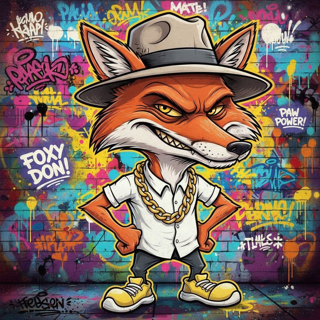 AI generated: funny caricature, gangster fox character caricature, elderly european male, 67 years old, slick fur,...