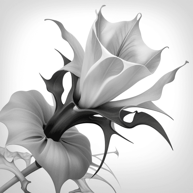 AI generated: Design of a ultra realistic datura flower with a big maggot on the flower , monochrome colors , whit...