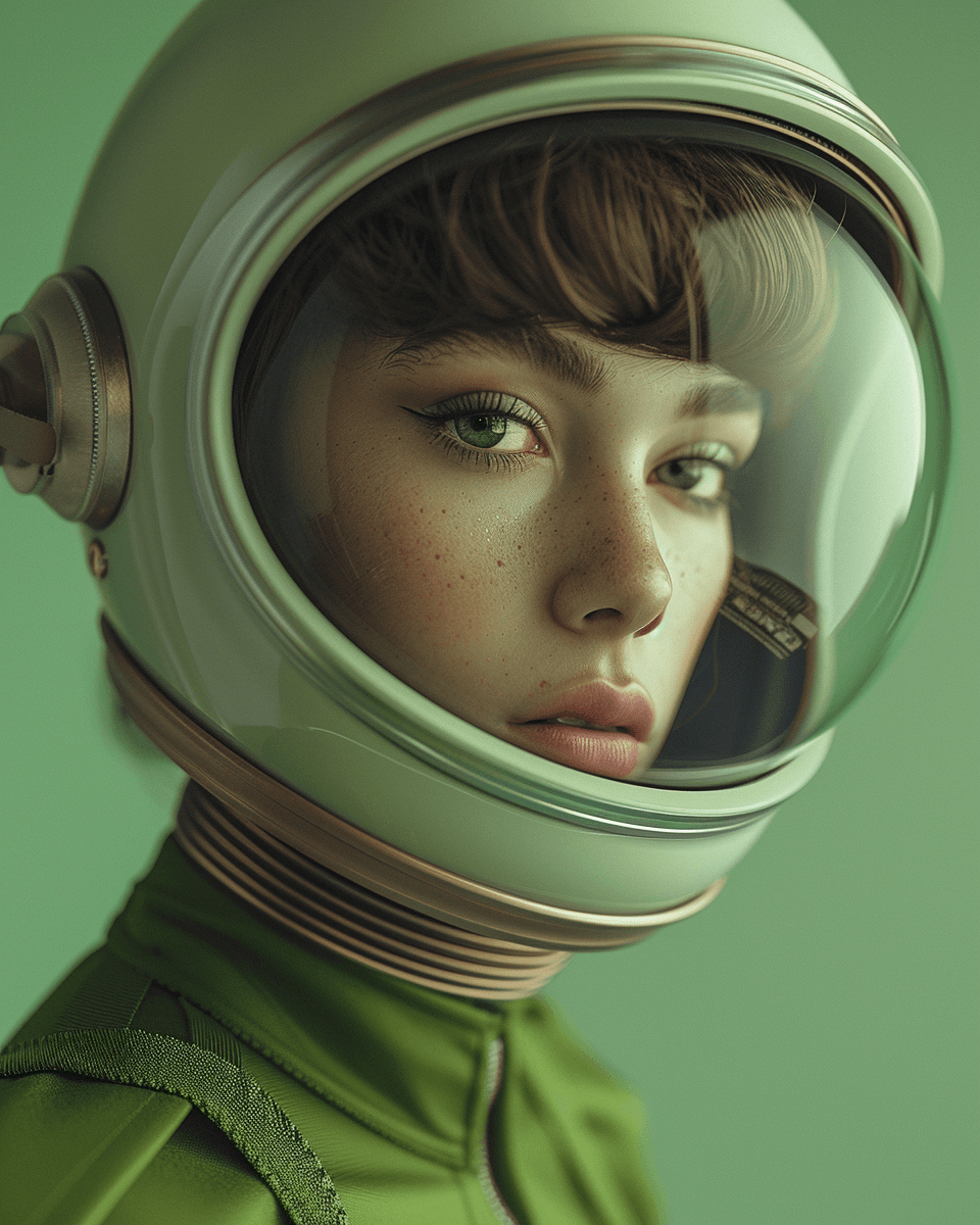 AI generated: A beautiful woman with a retro space helmet, 1960s hair style, green outfit, in the style of hyper r...
