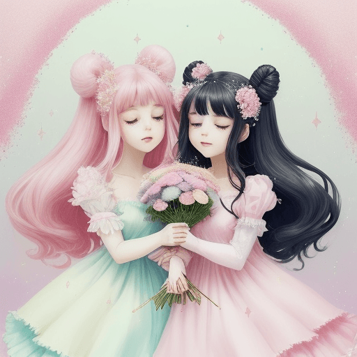 AI generated: {{A whimsical depiction of My Melody and Kuromi}} with My Melody delicately {holding a bouquet of pa...