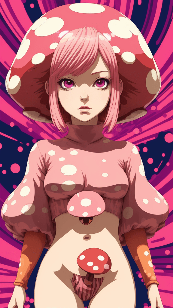 AI generated: in a funky background portrait of little mushroom woman, pink hair, Prominent eyes, funky background...