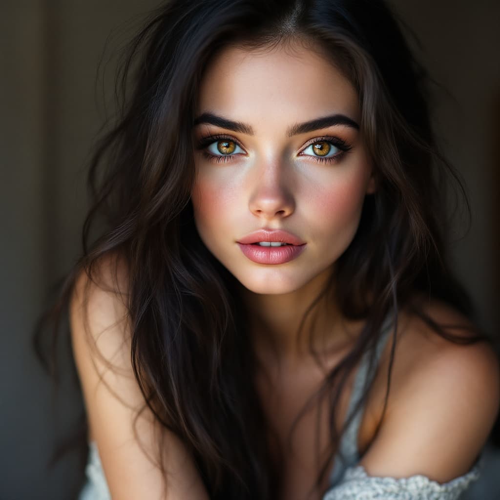 AI generated: portrait of hot 21 years old Sweden girl, with black brunette hair and brown hazel eyes, she has so ...