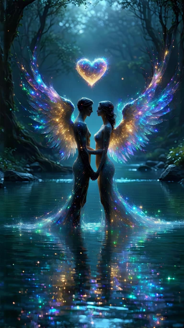 AI generated: Two ethereal figures entwined in a celestial embrace float above a mirrored cosmic lake, their bodie...
