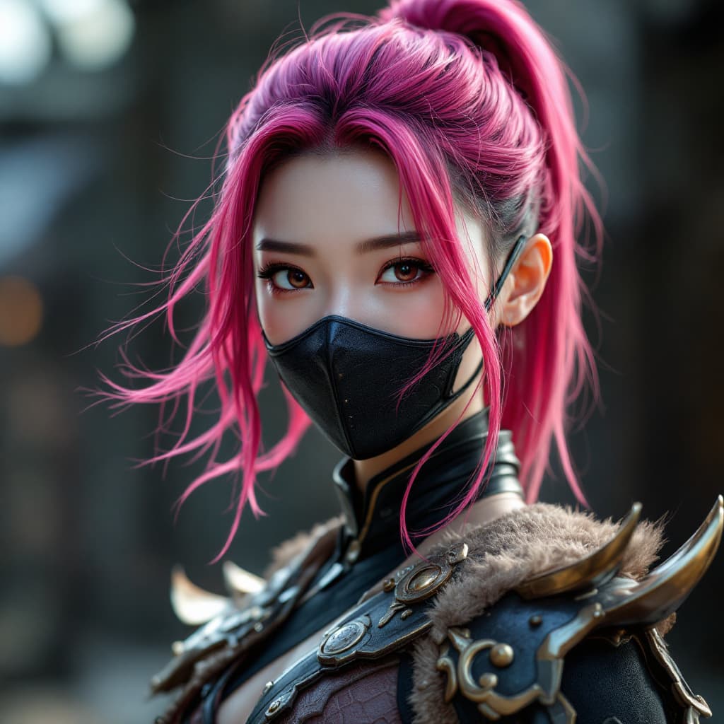 AI generated: Pretty Chinese Girl with magenta colored hair, mask, thick hide armor, hyperrealism, photorealistic,...