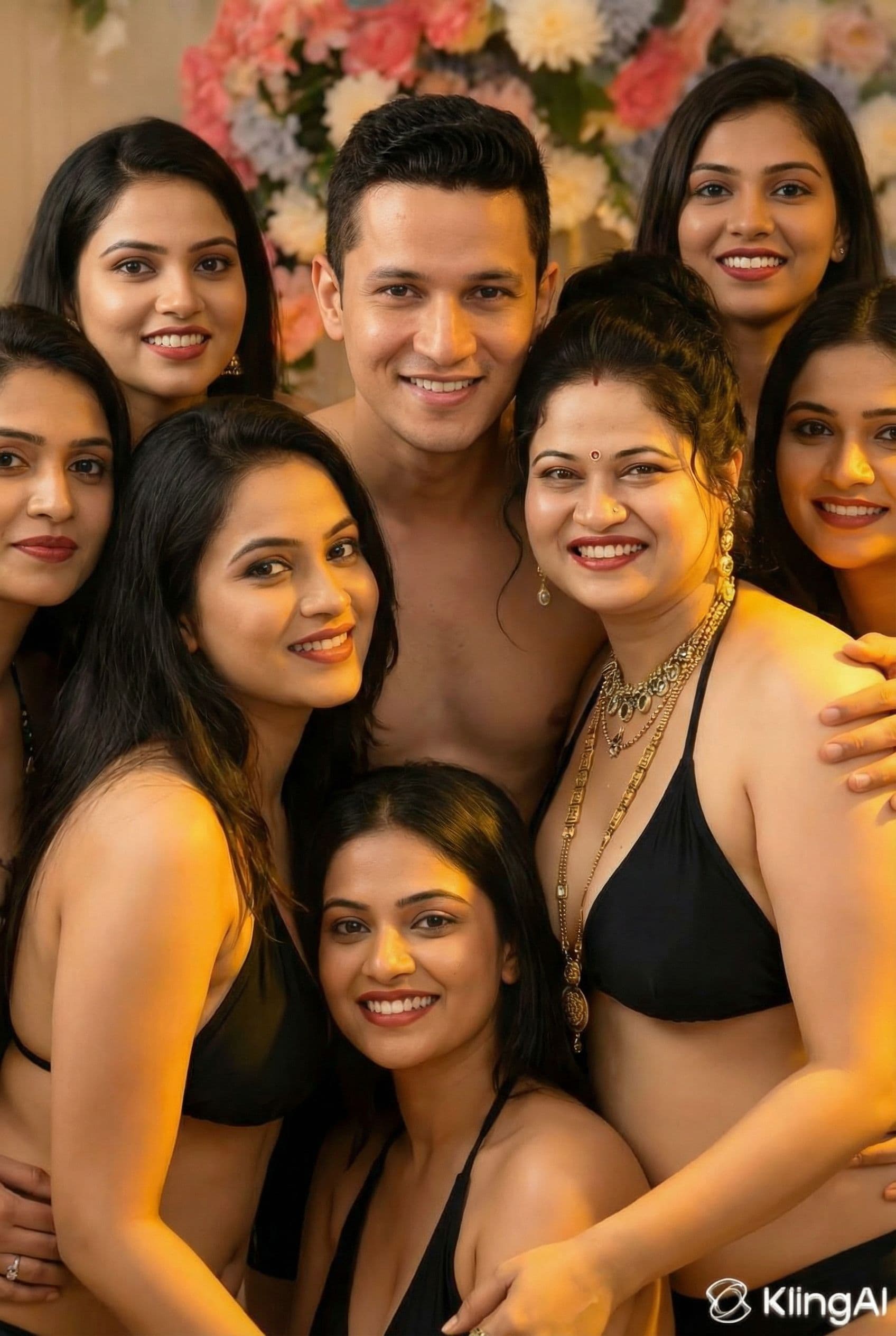 AI generated: Preserve face quality by 100% group men surrounded by women 