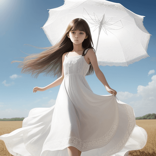 AI generated: 
A young girl wearing a long white dress, flowing hair, standing and holding a white lace umbrella. ...