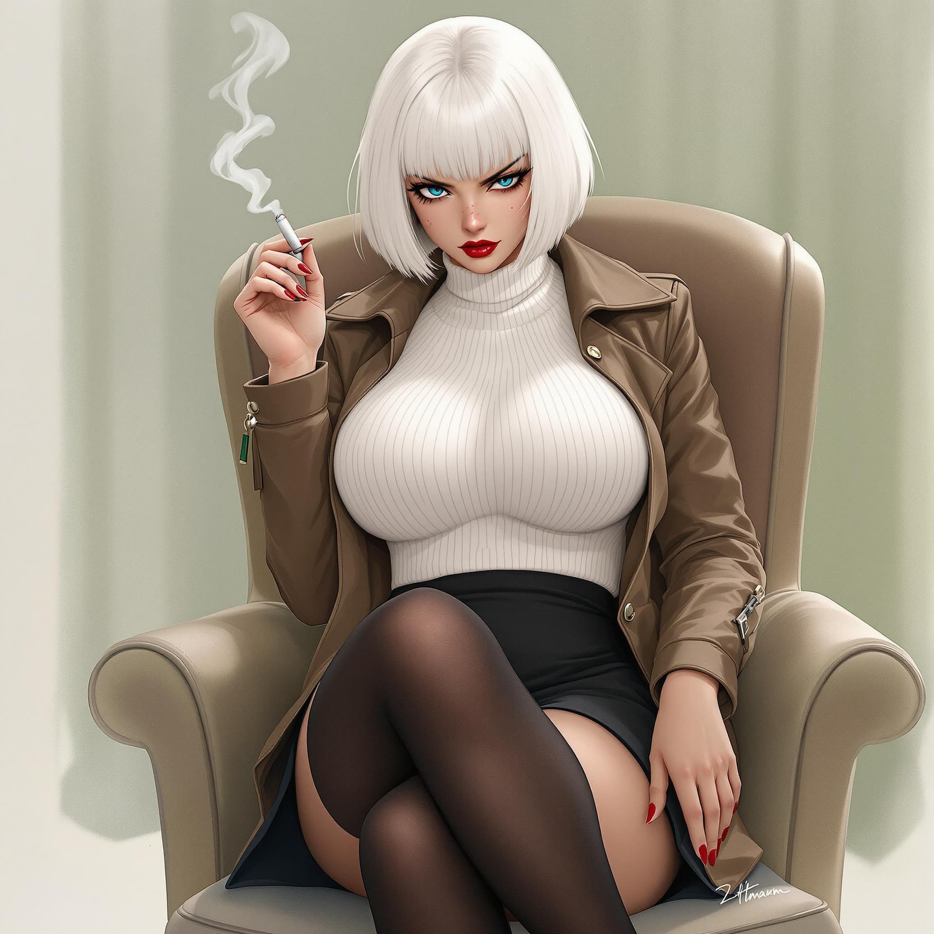 AI generated: anime, woman, white hair, bob cut, blue eyes, freckles, red lips, white sweater, tight sweater, shor...