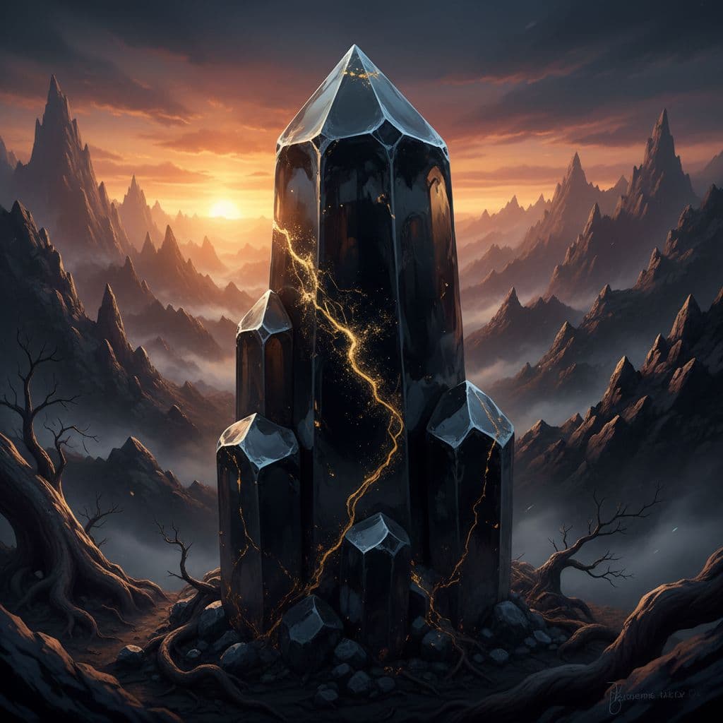 AI generated: pillared Obsidian dark crystal with flakes of gold running throughout it 