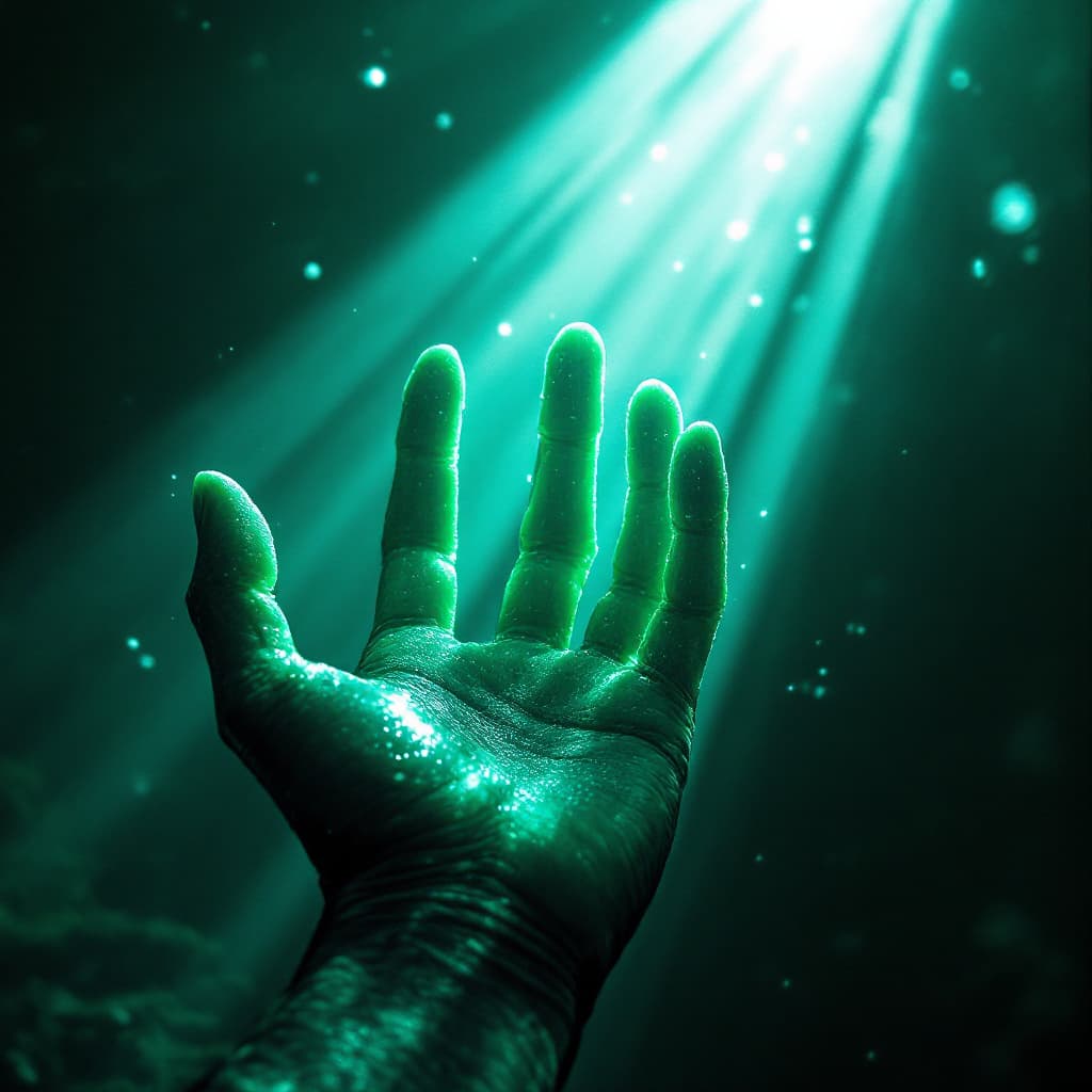 AI generated: emerald color serene underwater scene depicting a closeup hand of alien, tree finger, floating grace...