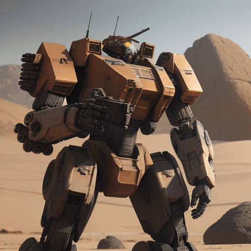 AI generated: A mechwarrior ,electronics,details ,concept,in desert with rocks and stones,machinegun in right hand...