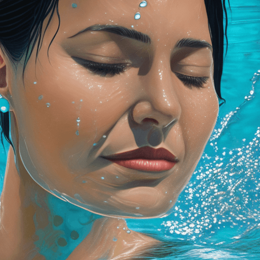 AI generated: A serene woman with wet dark hair in a pool, head tilted back, closed eyes, parted lips, turquoise w...