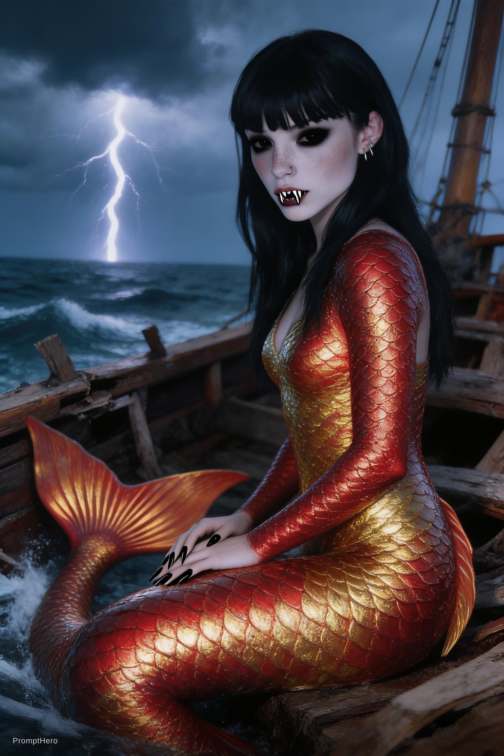 AI generated: A stunningly detailed, ultra-realistic, sculptural full-body depiction of a demonic mermaid, iridesc...
