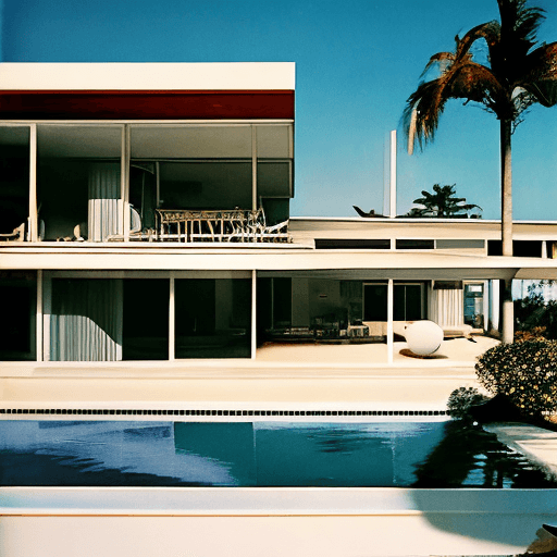 AI generated: Hyper realistic eye level exterior photo of a mid century modern style house overlooking the ocean, ...
