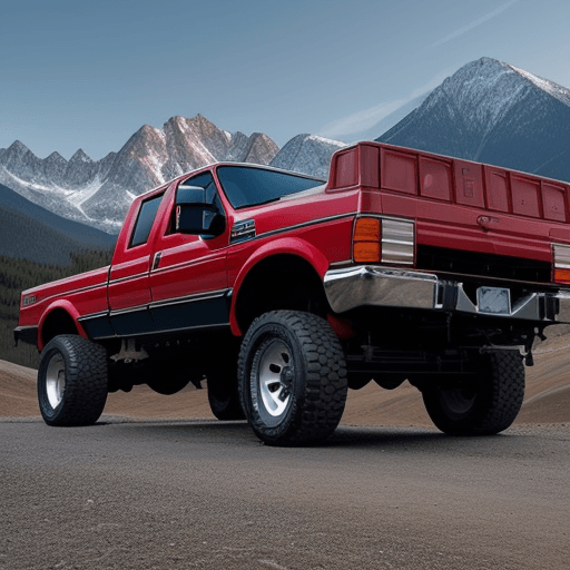 AI generated: a red 1994 f350 surrounded by mountains 
