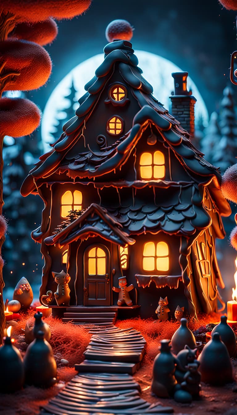 AI generated: insanely detailed flat illustration, meticulous clay diorama, 3d, Hansel und Gretel, gingerbread and...