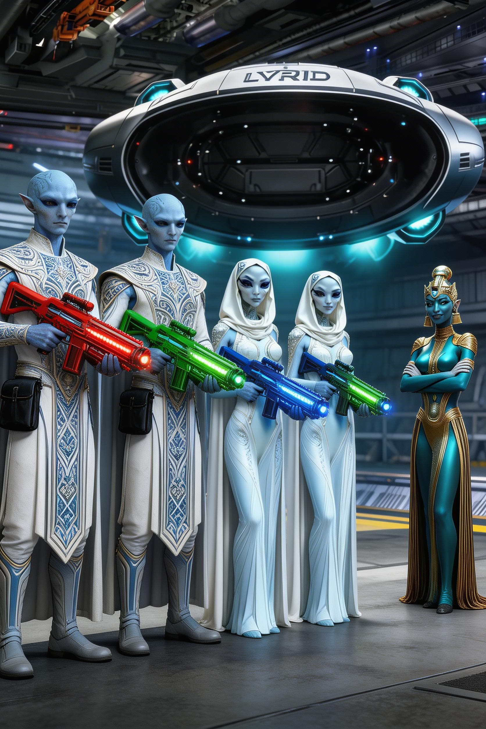 AI generated: Place two male characters and three female characters outside the craft. The two male characters are...