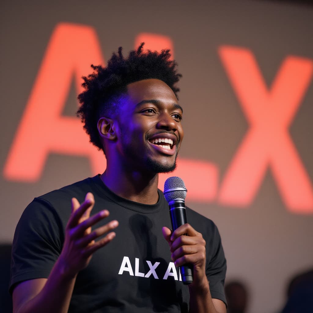 AI generated: An up-close image of a young, fair-skinned African person giving an animated talk about artificial i...