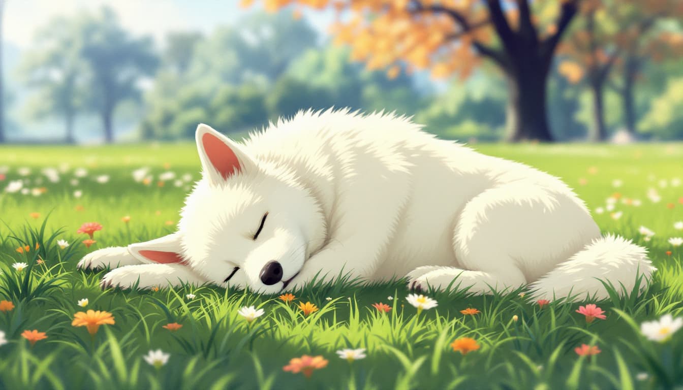 AI generated: jindo dog, who has white short fur, docile character, lie down on the grass in the park, clear weath...