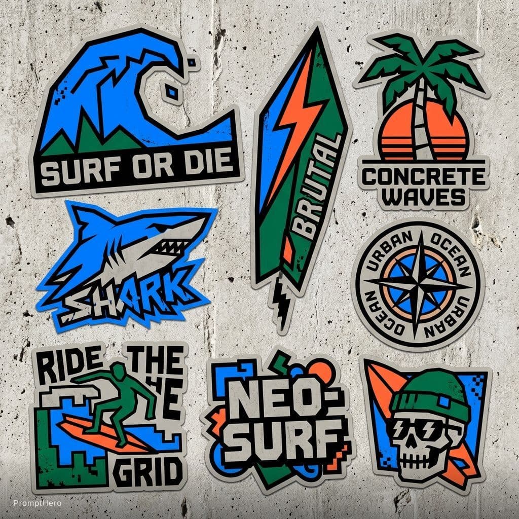 AI generated: Neo brutalist surf-themed sticker pack for in a neo-brutalis