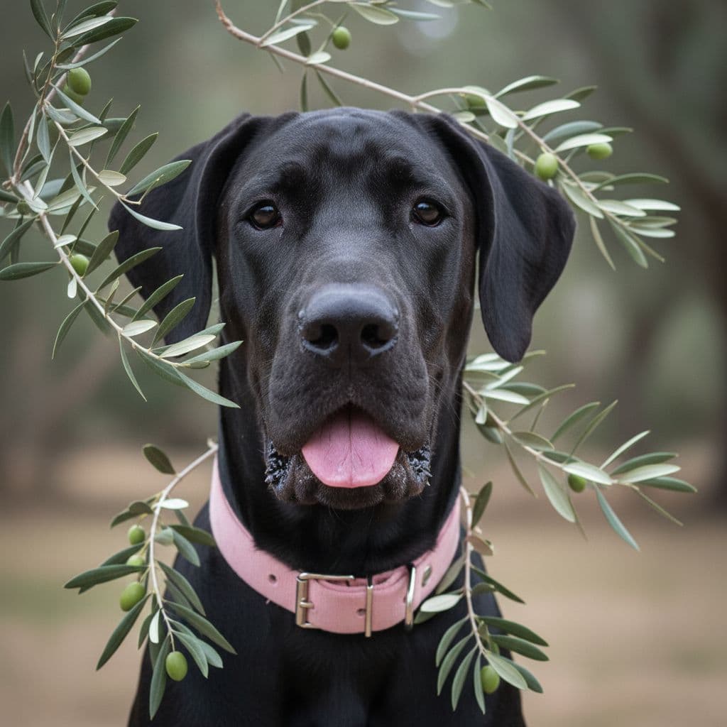 AI generated: dog, black, Great Dane, younger,
pink collar,
face only, mouth open slightly with tongue out a lit...