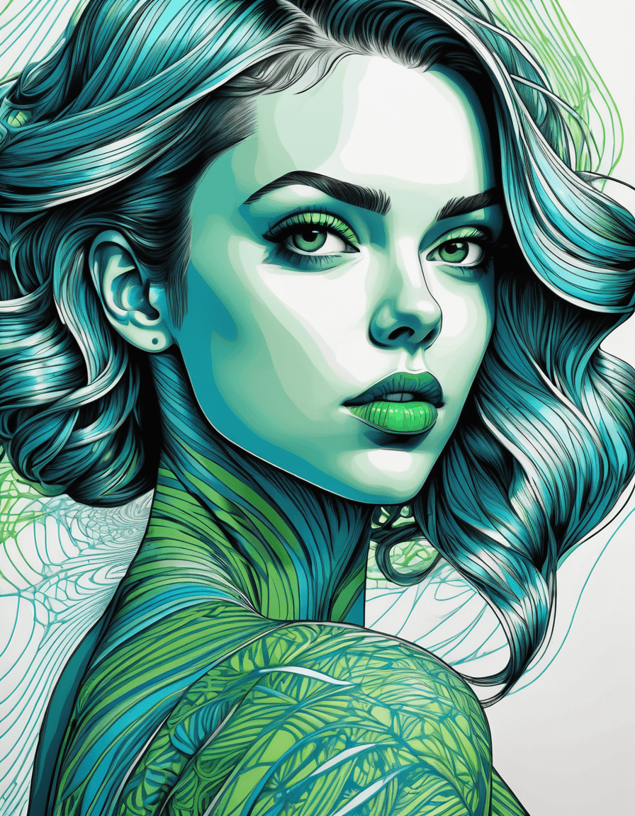 AI generated: doodle art 3D, in the style of pop art-inspired portraits, interference patterns, green and blue, re...