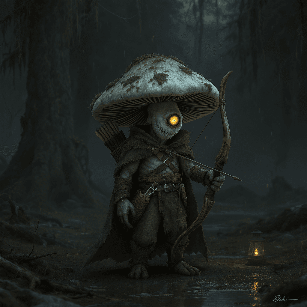 AI generated: "A small, eerie mushroom archer standing alone in a misty forest clearing at dusk. His body is made ...