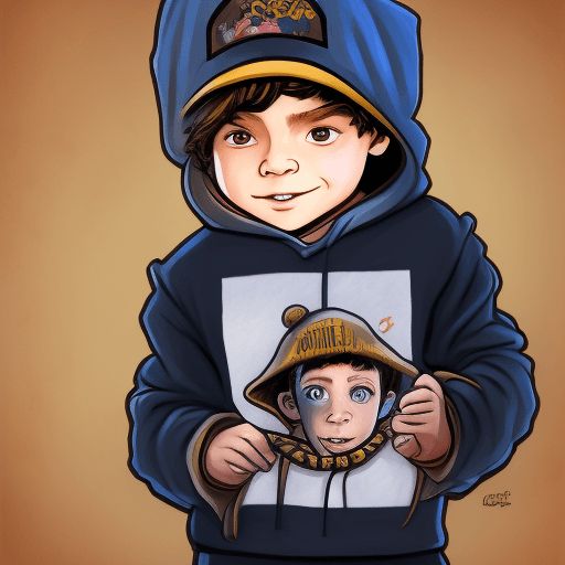AI generated: un niño con una sudadera anaranjada con capucha  de dibujos animados que lleva un sombrero, en el es...