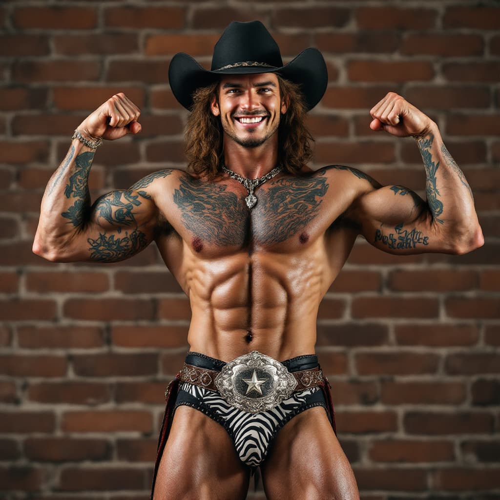 AI generated: Full body image, young Cowboy, muscular, heavily tattooed, chiseled face, chiseled jawline, brown cu...