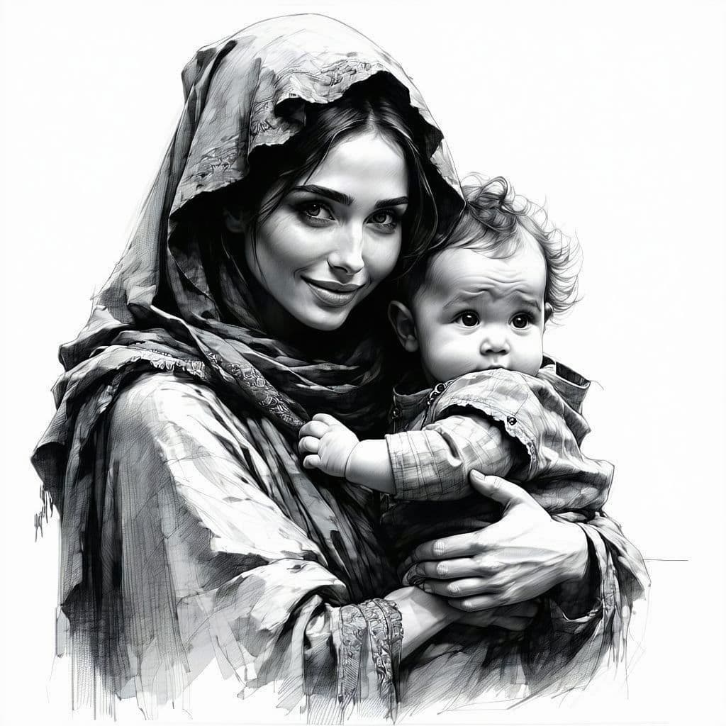 AI generated: 1woman holding 1baby in her arms, grayscale drawing, (photorealistic:1.37), incredibly detailed face...