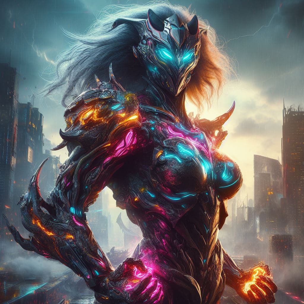 AI generated: a badass humanoid woman with an organic lion armor with neonlight, heavy damages, proud pose, epic c...
