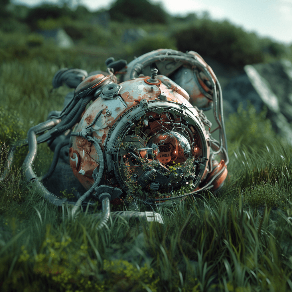 AI generated: A broken Machine lying on the grass. The internal structure of the machine can be seen, and there ar...