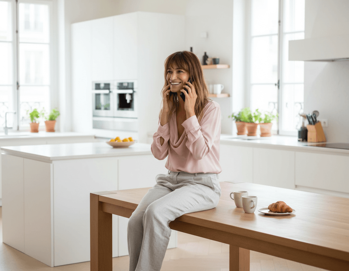 AI generated: In a bright and very nice kitchen. The lady is seated on her kitchen table. She is talking over the ...