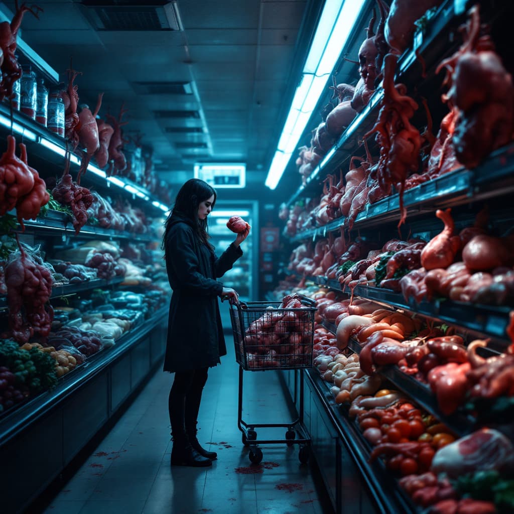 AI generated: imagine a grocery store's vegetable section, standing woman, full body, spooky, melancolía, shelves ...