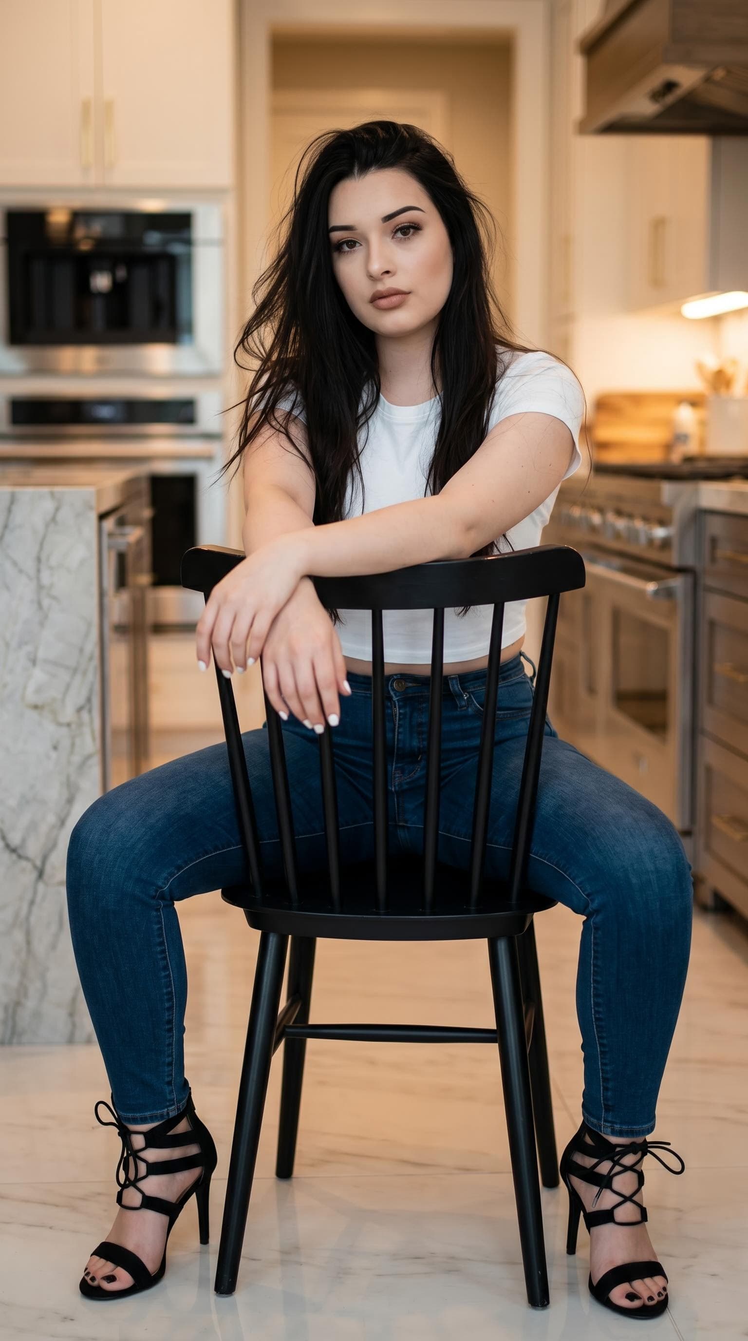 AI generated: Ultra-realistic photo of a young woman indoors, seated and leaning forward over the back of a black ...