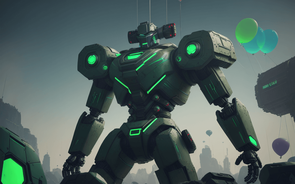 AI generated: brutal man warrior robot, stands after the battle, looking into the distance, on top of a bunch of b...