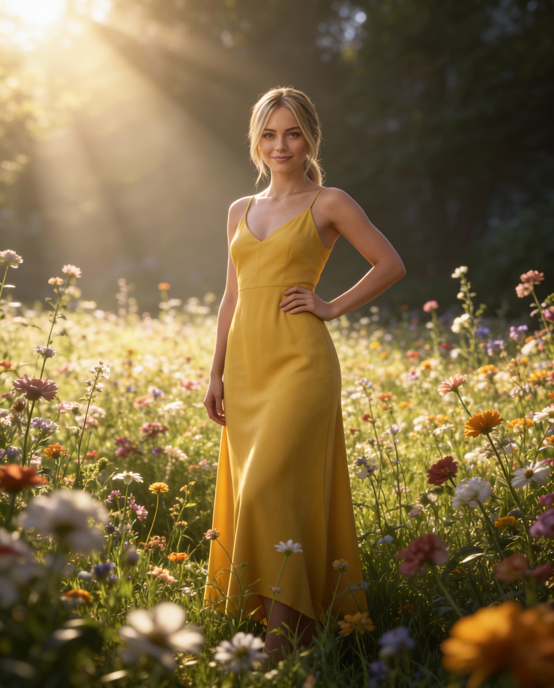 AI generated: full length portrait of a beautiful blond woman, standing in field full of flowers, detailed gorgeou...