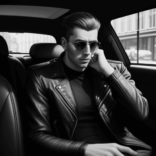 AI generated: Black and white street photography of an attractive man in leather jacket inside car, on the streets...