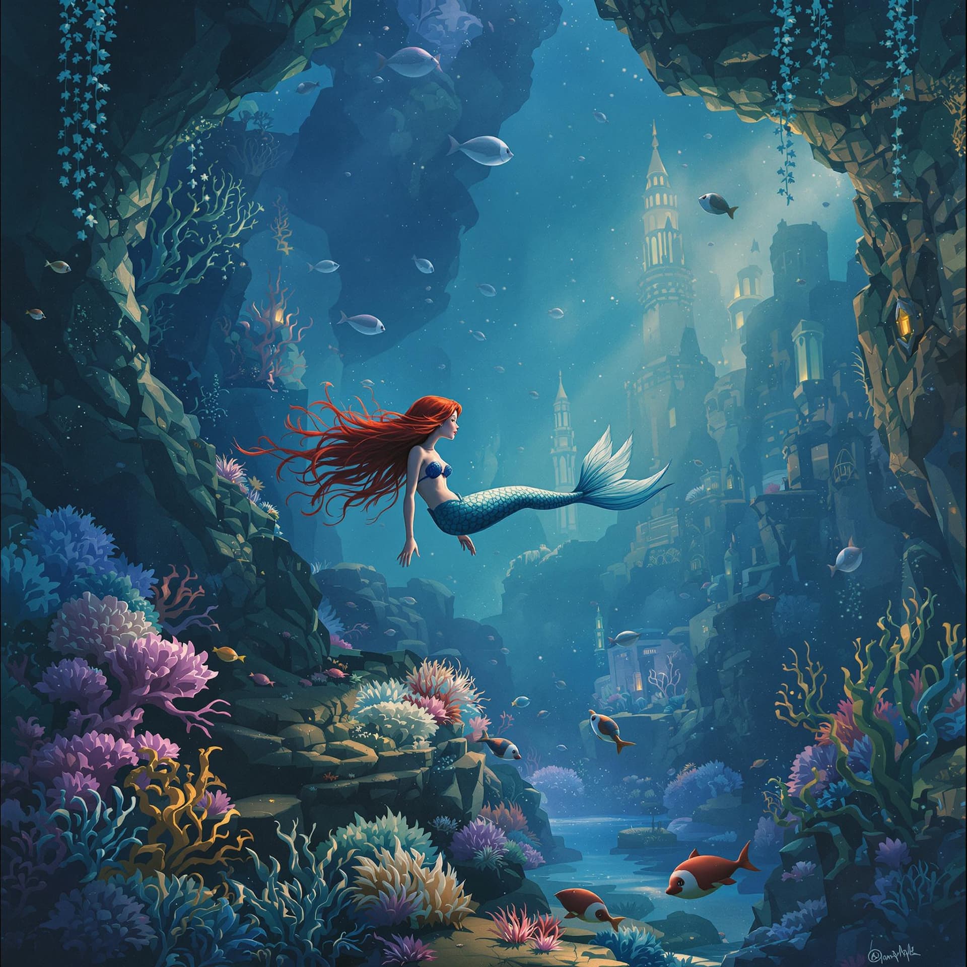 AI generated: magical mermaid exploring an underwater city
