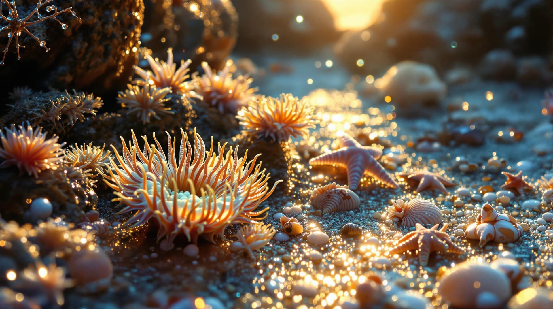 AI generated: Under a warm, ethereal glow reminiscent of a Terrence Malick film, vibrant varigated color sea anemo...