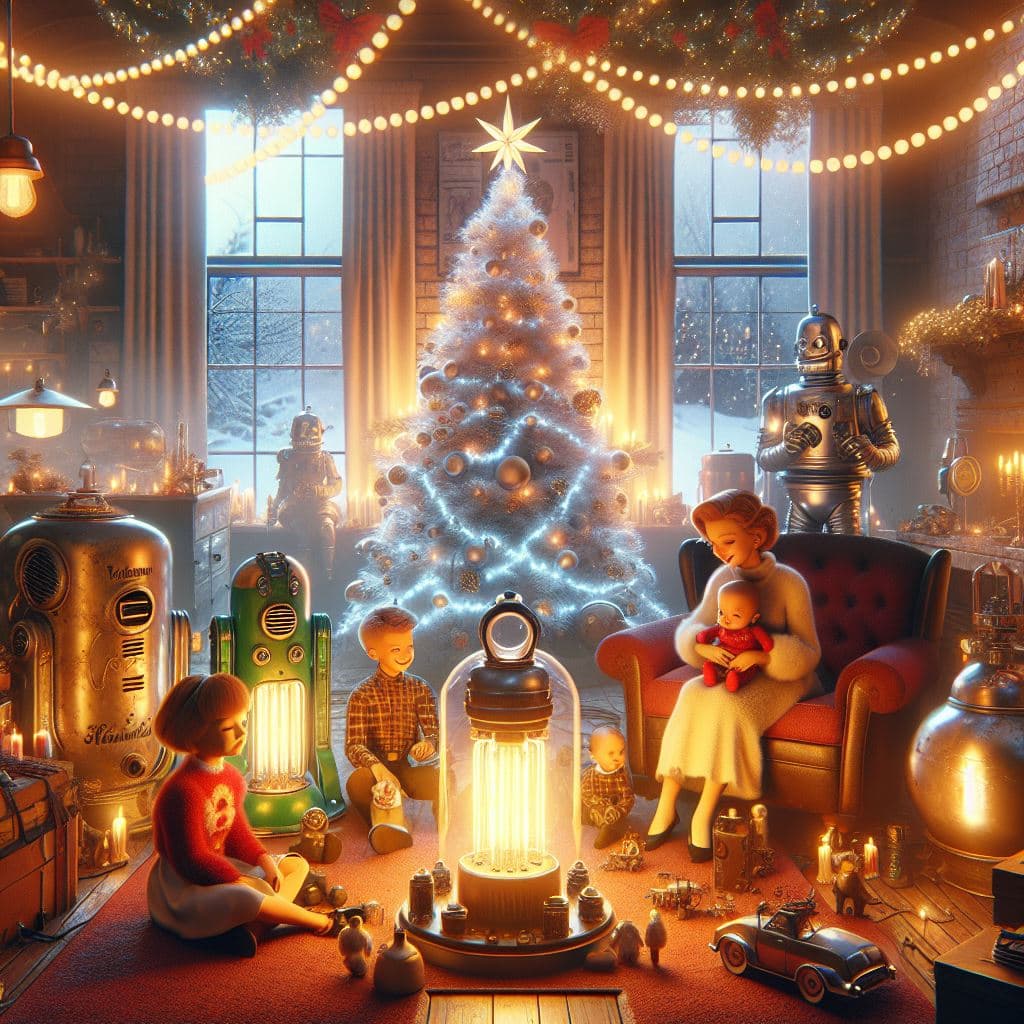 AI generated: atompunk, beautiful high detailed christmas eve  scene with family,scifi from 1955,dynamic lights, p...