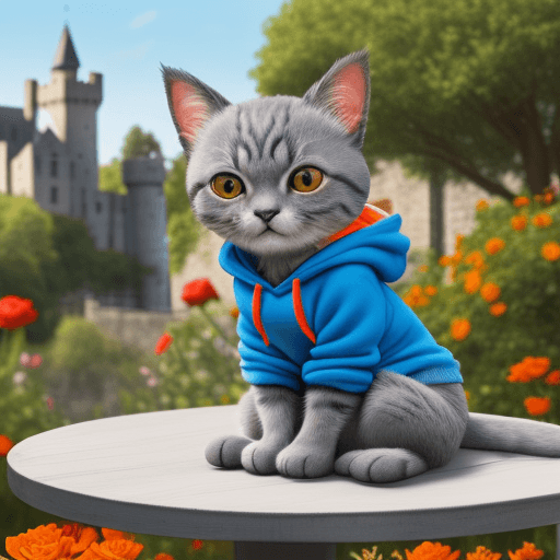 AI generated: gray cute little cushi cat, full of colors, sitting on a table, looking at viewer with love, in a ca...