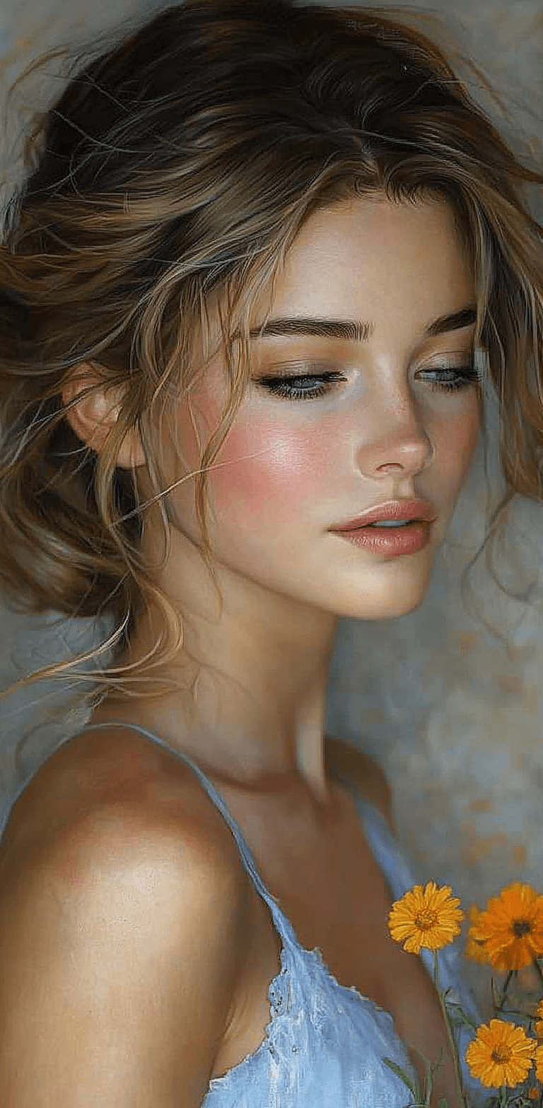 AI generated: A portrait of a beautiful woman, mid-20's, wearing a blue sundress and holding marigold flowers, in ...