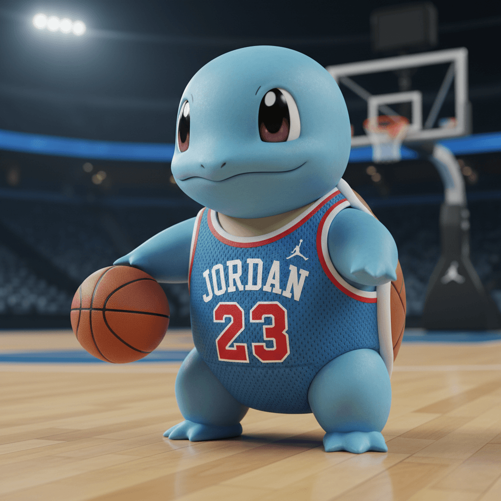 AI generated: Pokémon Squirtle with a blue 23 Jordan jersey