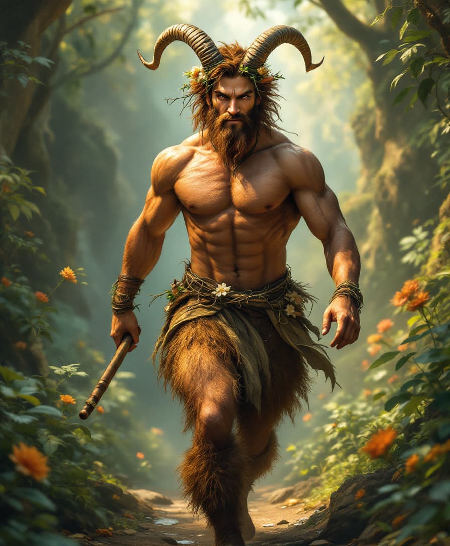 AI generated: Visualize a satyr roaming through an enchanted hidden valley, surrounded by lush jungle and magical ...