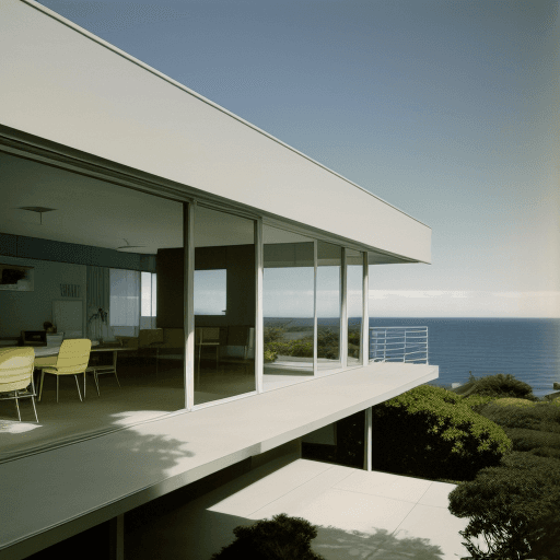 AI generated: Hyper realistic eye level exterior photo of a mid century modern style house overlooking the ocean, ...
