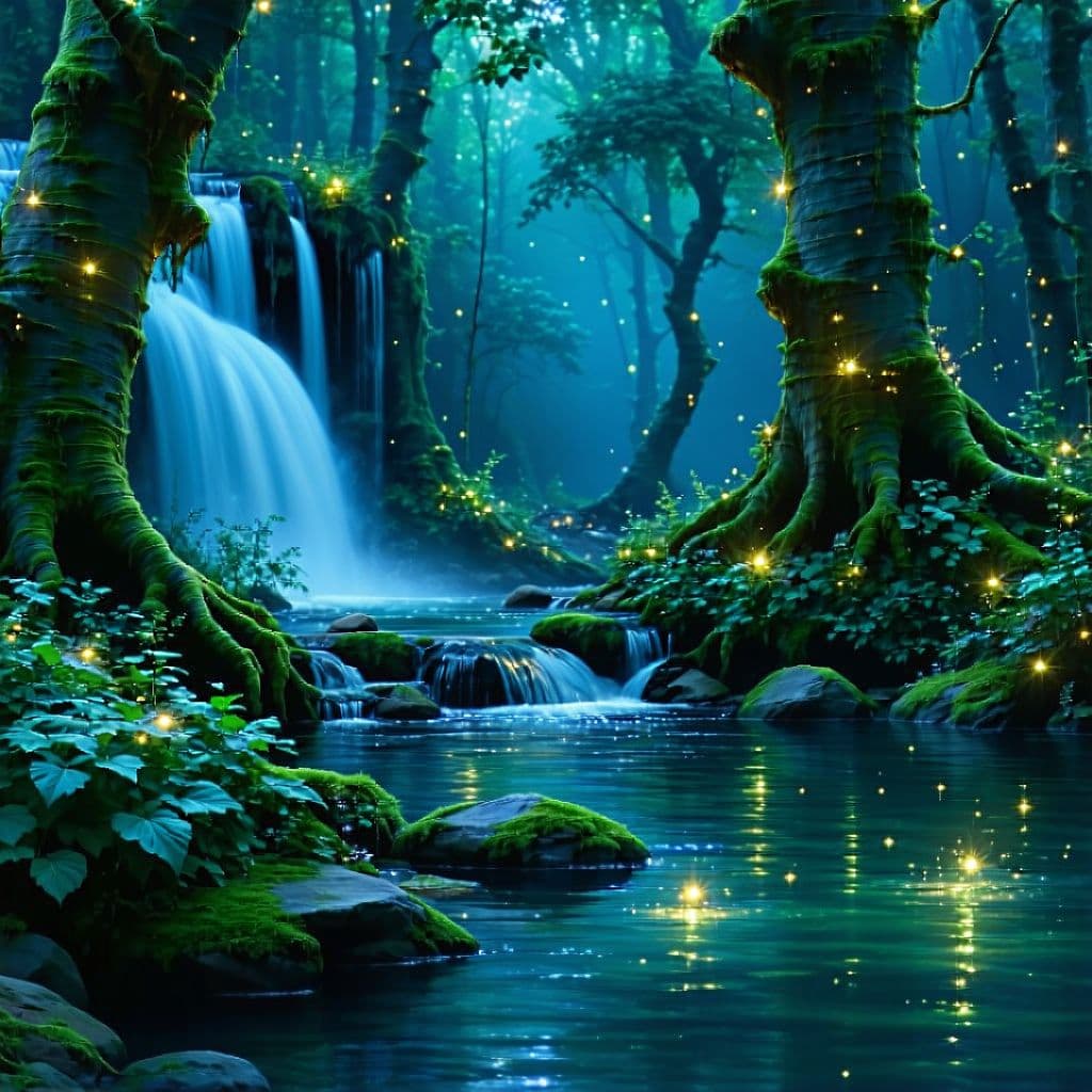 AI generated: Enchanted forest, twilight, ancient trees, moss-covered roots, bioluminescent plants, glowing mist, ...