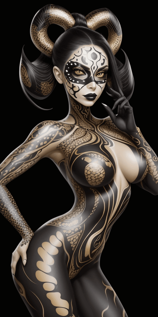 AI generated: An image of a woman with a hyperrealistic style, showcasing an elaborate body paint design. The skin...